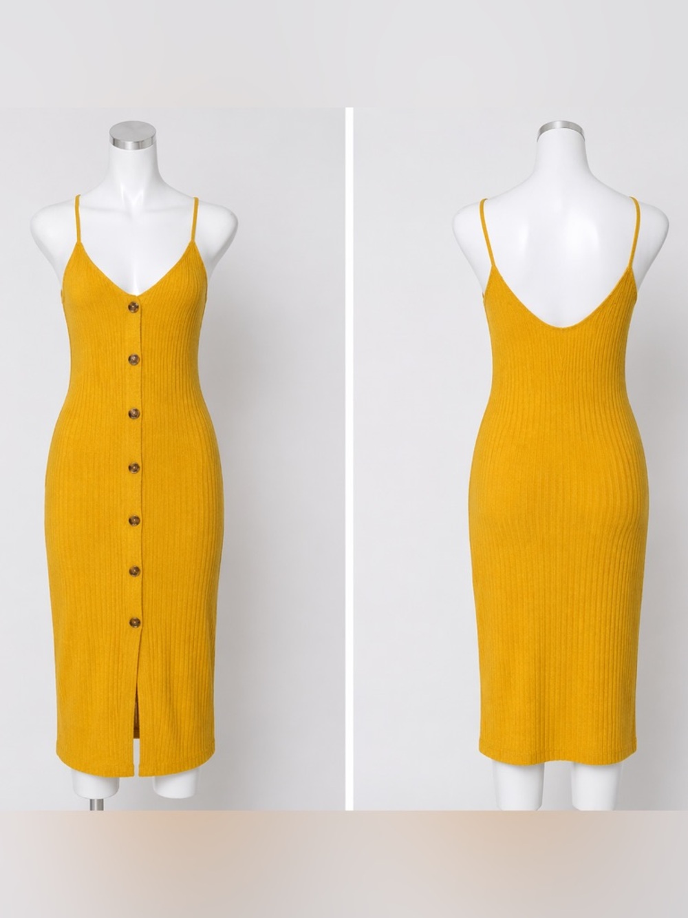 Express Yellow Ribbed Knit Midi Dress Button Front Adjustable Straps Summer S